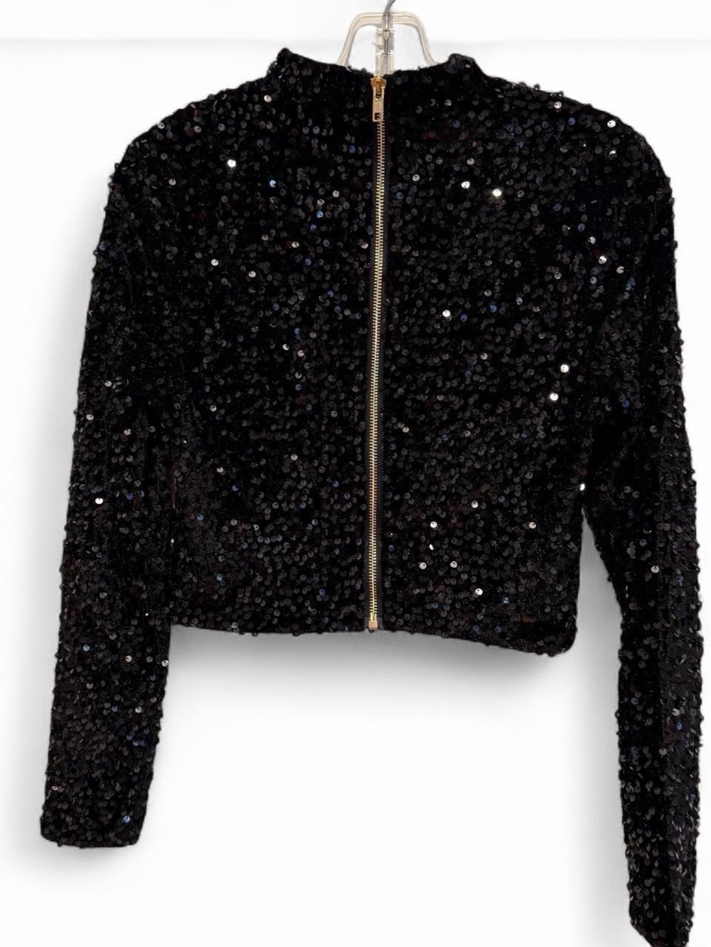 Black Sequin Long Sleeve Crop Top with Gold Back Zip Small